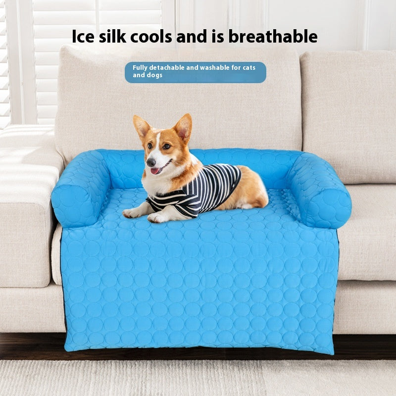 Dog relaxing on ChillHund Cooling Sofa Bed on couch