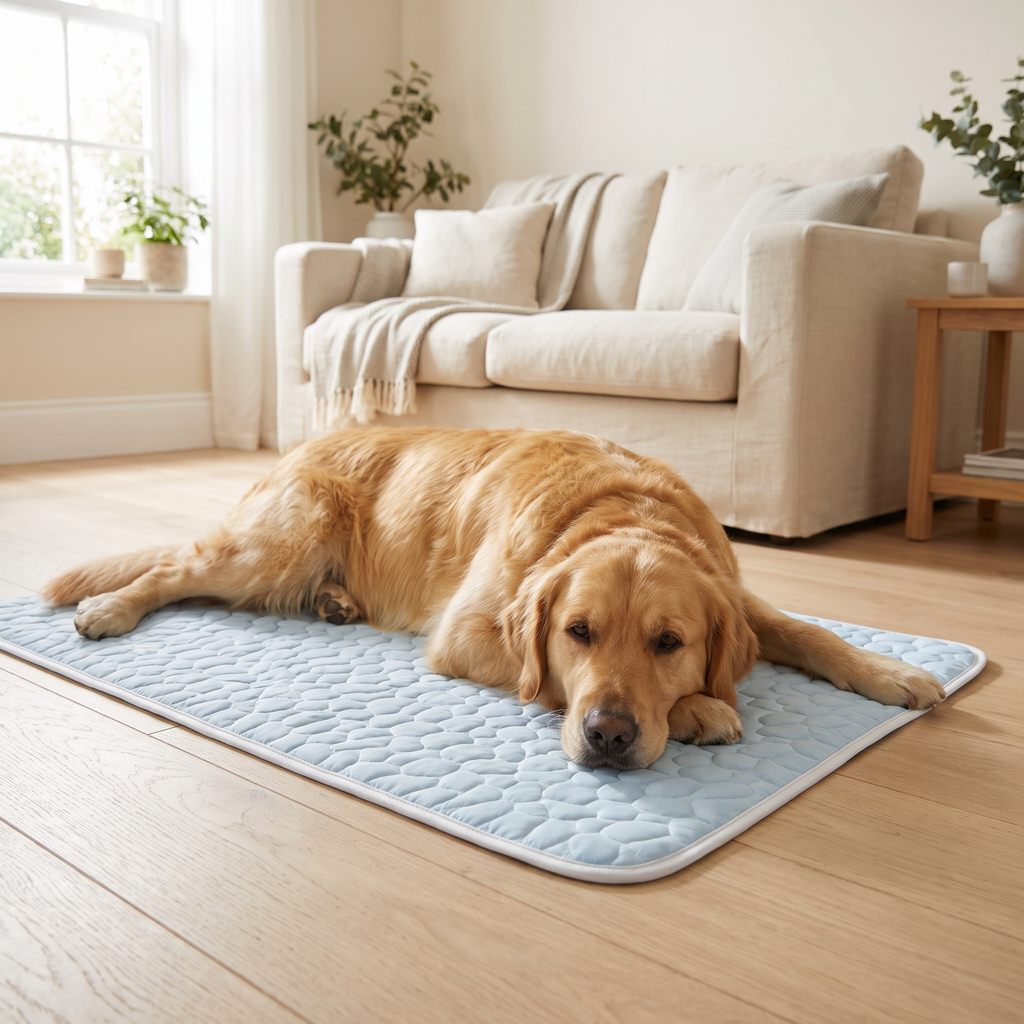 Golden retriever resting on the ChillHund Cooling Mat on a living room floor