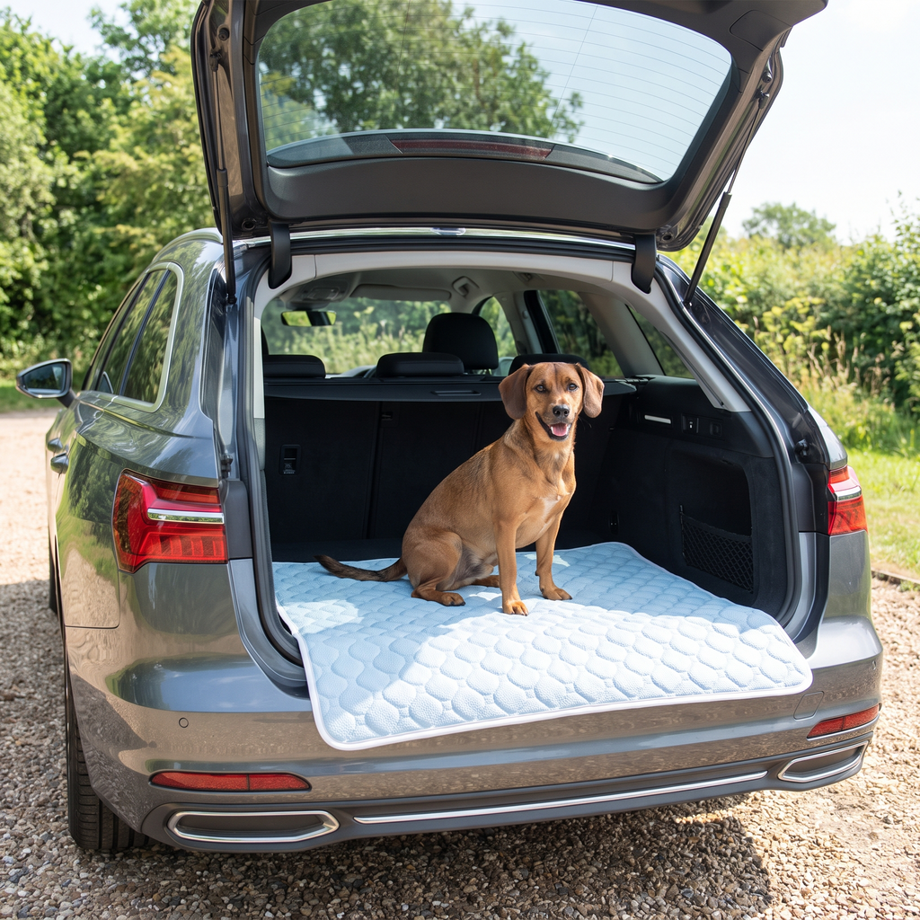 ChillHund Cooling Mat in a car boot with a dog sitting on it — folds flat for travel