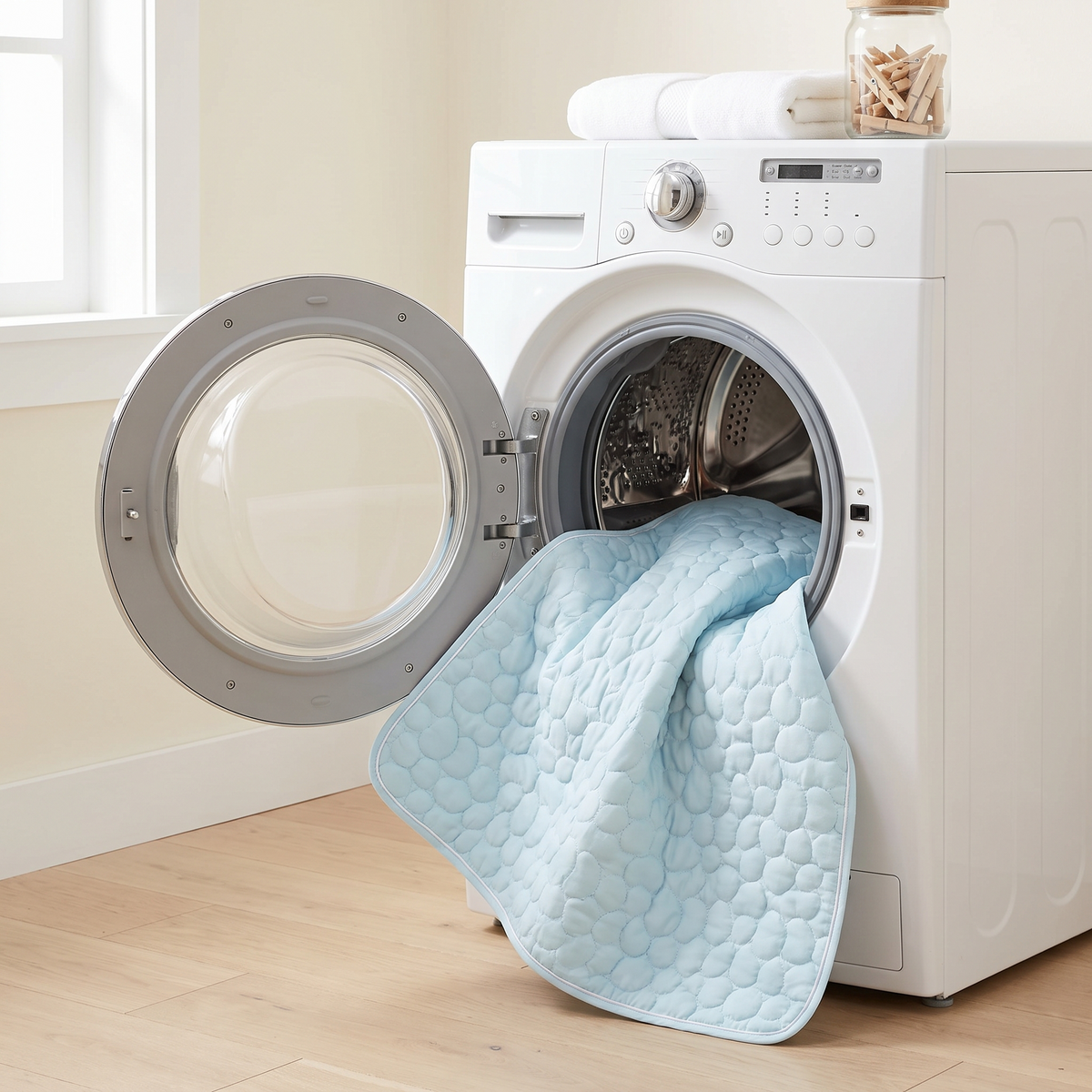 ChillHund Cooling Mat going into a washing machine — machine washable at 30 degrees