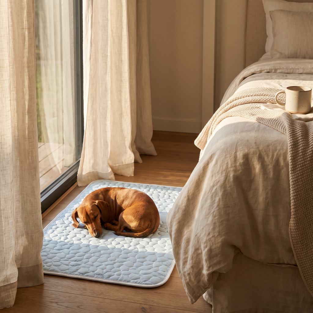 Small dog sleeping on the ChillHund Cooling Mat beside a sunny window