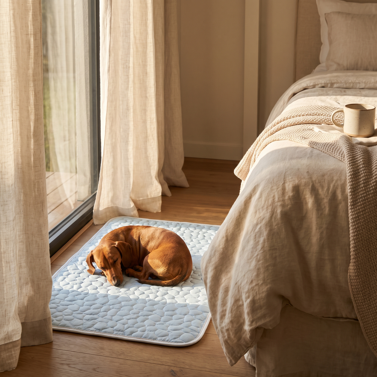 Small dog sleeping on the ChillHund Cooling Mat beside a sunny window